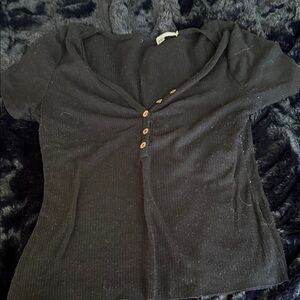 Heart & Hips Charcoal Button-Down Ribbed Blouse